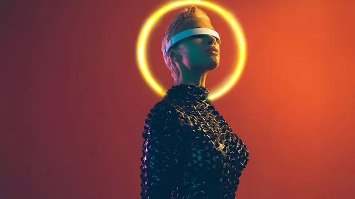 new anti aging technologies Futuristically dressed young woman on red background with short hair, VR glasses, and neon circle behind her head
